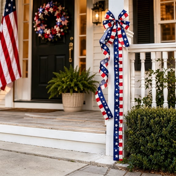 sruoe 4th of July Large Bow, 39.3 Inch Patriotic Door Bow, Red White Blue Wired Ribbon Swag Bow for Independence Day Memorial Day Front Door Porch Column Decor
