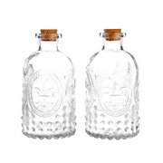Vintage Design Embossed Clear Glass Bottles, Apothecary Flower Bud Vase with Cork Lid, Set of 2