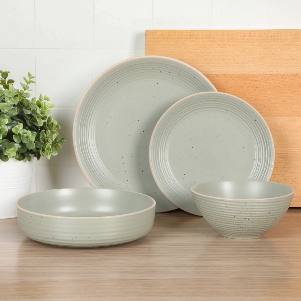Gibson Home Dinah 16 Piece Double Bowl Stoneware Embossed Speckled Dinnerware Set - Sage Green