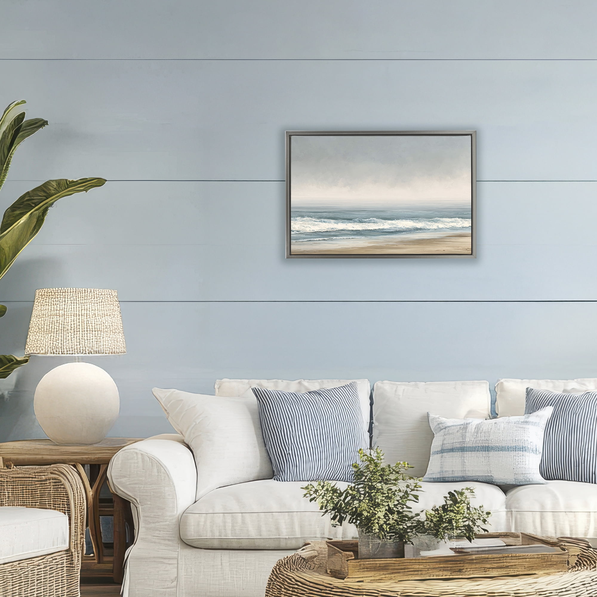 Stupell Industries Tranquil Mist Beachscape Gray Framed Floater Canvas Wall Art, design by Jacky Ngan