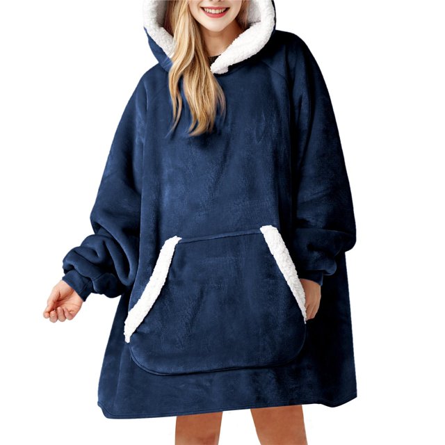 Sudadera con Capucha Tipo Manta para Mujer, de Forro , Cálida y Acogedora, con Bolsillo. Azul Gamuza Talla Única