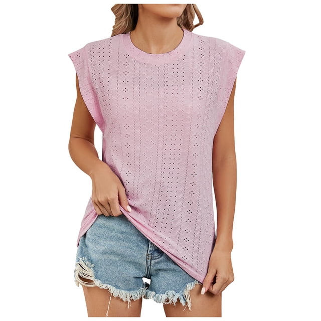 HBFAGFB Débardeurs pour Femmes Décontracté Été Col Rond Sans Manches Simple Polyvalent Blouse Rose Taille TG