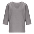 thumbnail image 6 of Women's Cotton Linen Blend T-Shirts 3/4 Sleeve V Neck Loose Fit Casual Tops Summer Pullover Shirts Daily Wear Gray S, 6 of 7