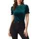 thumbnail image 1 of Camisa con cuello rizado Inspire Chic para mujer, blusa de terciopelo de manga corta, 3XL, azul verde, 1 of 6