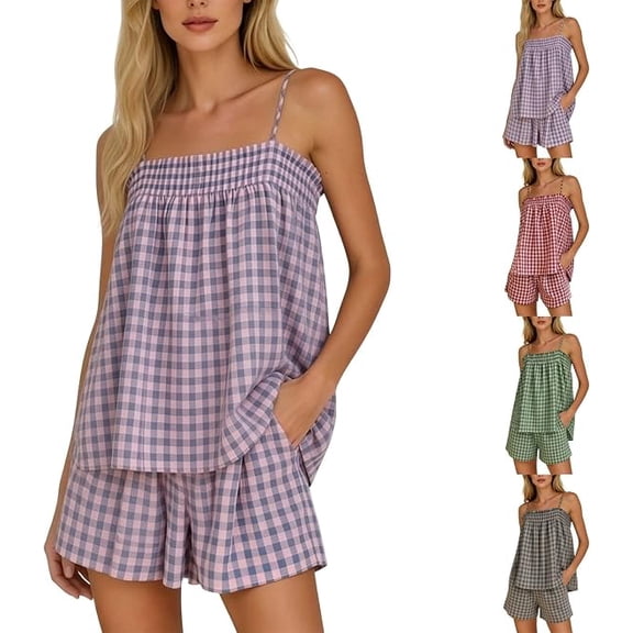 Women's Gingham 2 Piece Pajama Set Flowy Peplum Babydoll Cami Top Wide Leg Shorts Summer Loungewear Outfit (01Purple ,M)