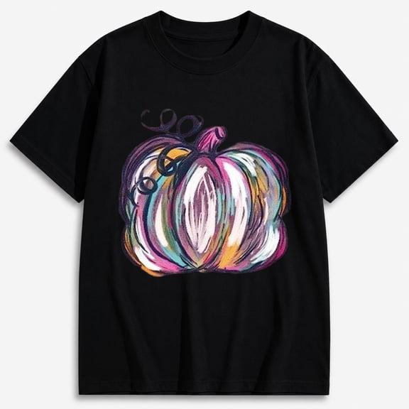Women's Colorful Pumpkin Graphic T-Shirt, Cute Fall Pumpkin Shirt