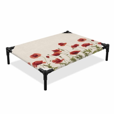 Red Floral Elevated Dog Bed Pastoral Concubine Flowers Vintage Linen Cooling Breathable Outdoor Raised Dog Cot Bed with Metal Frame Non-Slip Feet for Large Dog 28x22in
