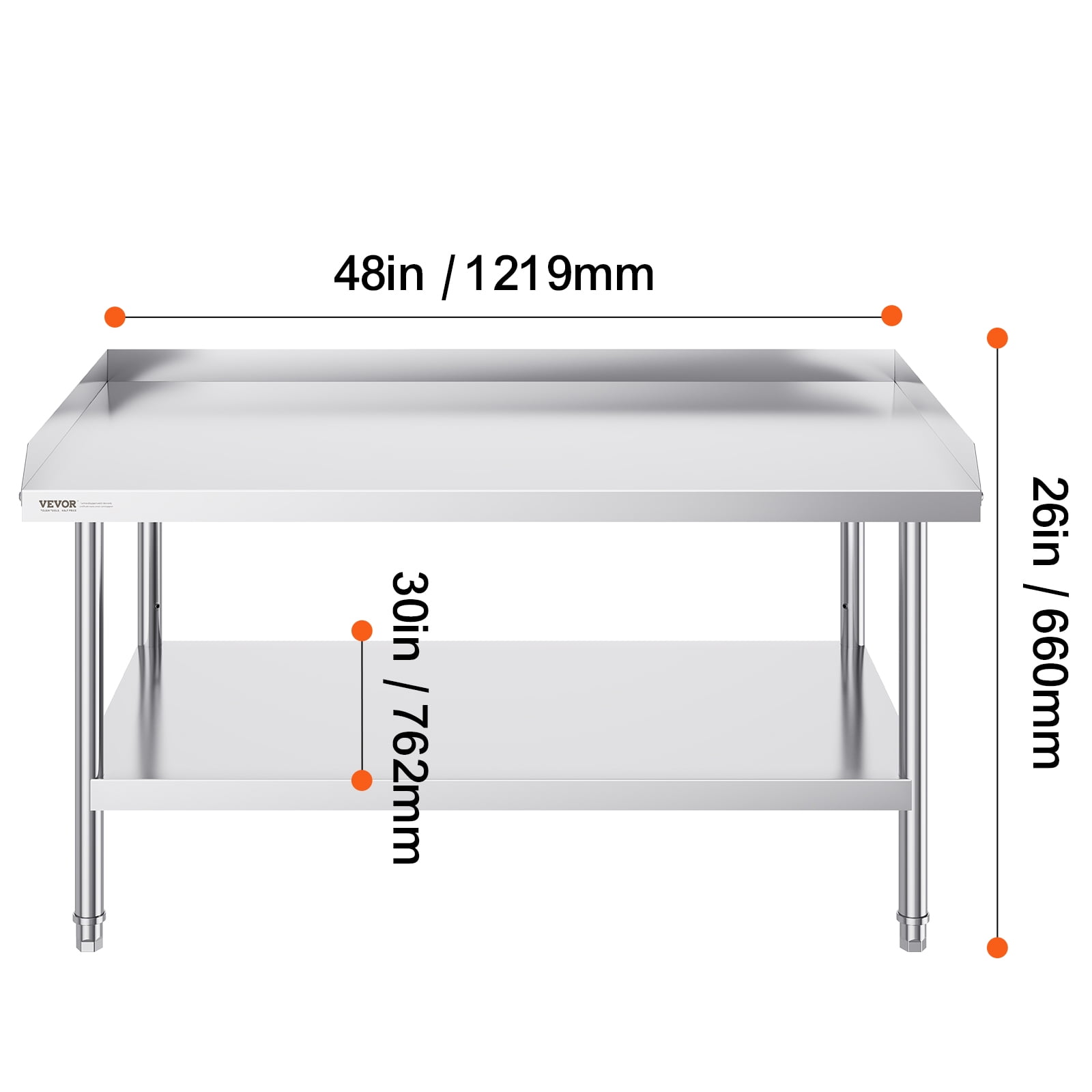 VEVOR Stainless Steel Work Table,30 x 48 x 26 Inch Commercial Food Prep Worktable,3-Sided Backsplash Heavy Duty Prep Worktable,Metal Work Table with Adjustable Height for Restaurant Home Hotel