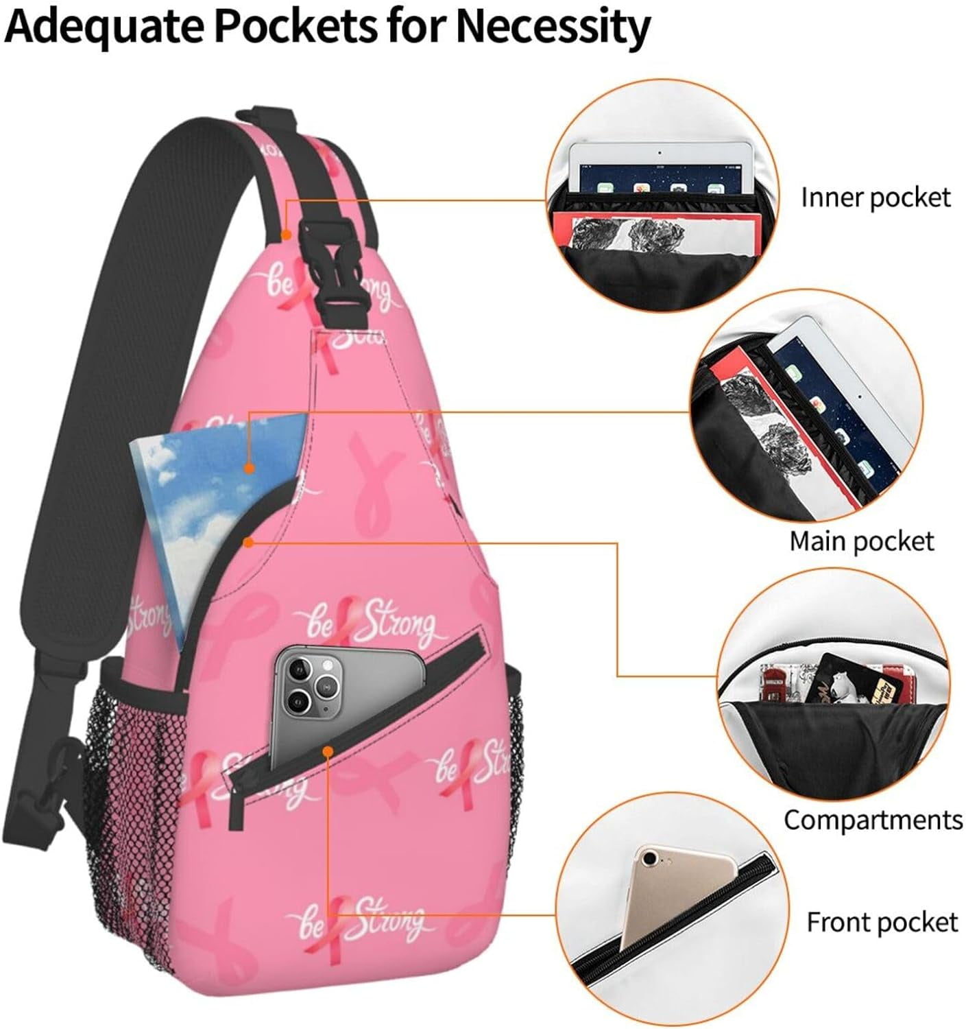 Breast Cancer Awareness Be Strong Sling Bag Crossbody Hiking Travel Chest Bags Backpack Shoulder Daypack for Women Men