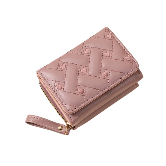 bestolf Women Stylish Tri-Fold Wallet Embroidered Heart Cash Wallet Mini Card Holder Wallet with Zippered Coin Pocket for Dating Shopping (Pink )