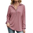 thumbnail image 1 of Las mujeres ocasionales acanaladas de punto Tops botón de manga larga otoño camiseta suelta blusa Eccomum Rosa/Extragrande, 1 of 7