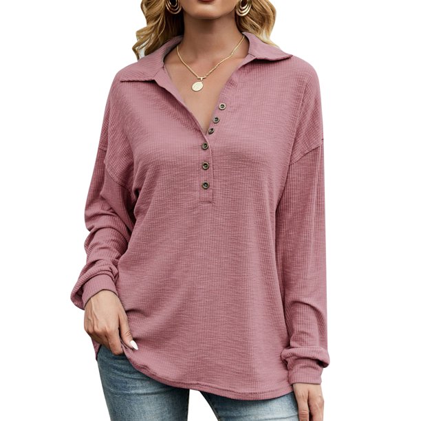 Las mujeres ocasionales acanaladas de punto Tops botón de manga larga otoño camiseta suelta blusa Eccomum Rosa/Extragrande