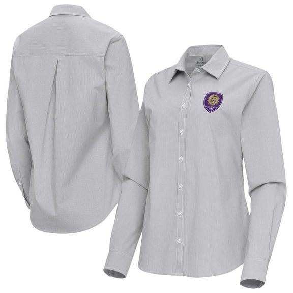 Women's Antigua Gray Orlando City SC Porter Woven Tri-Blend Long Sleeve Button-Up Shirt