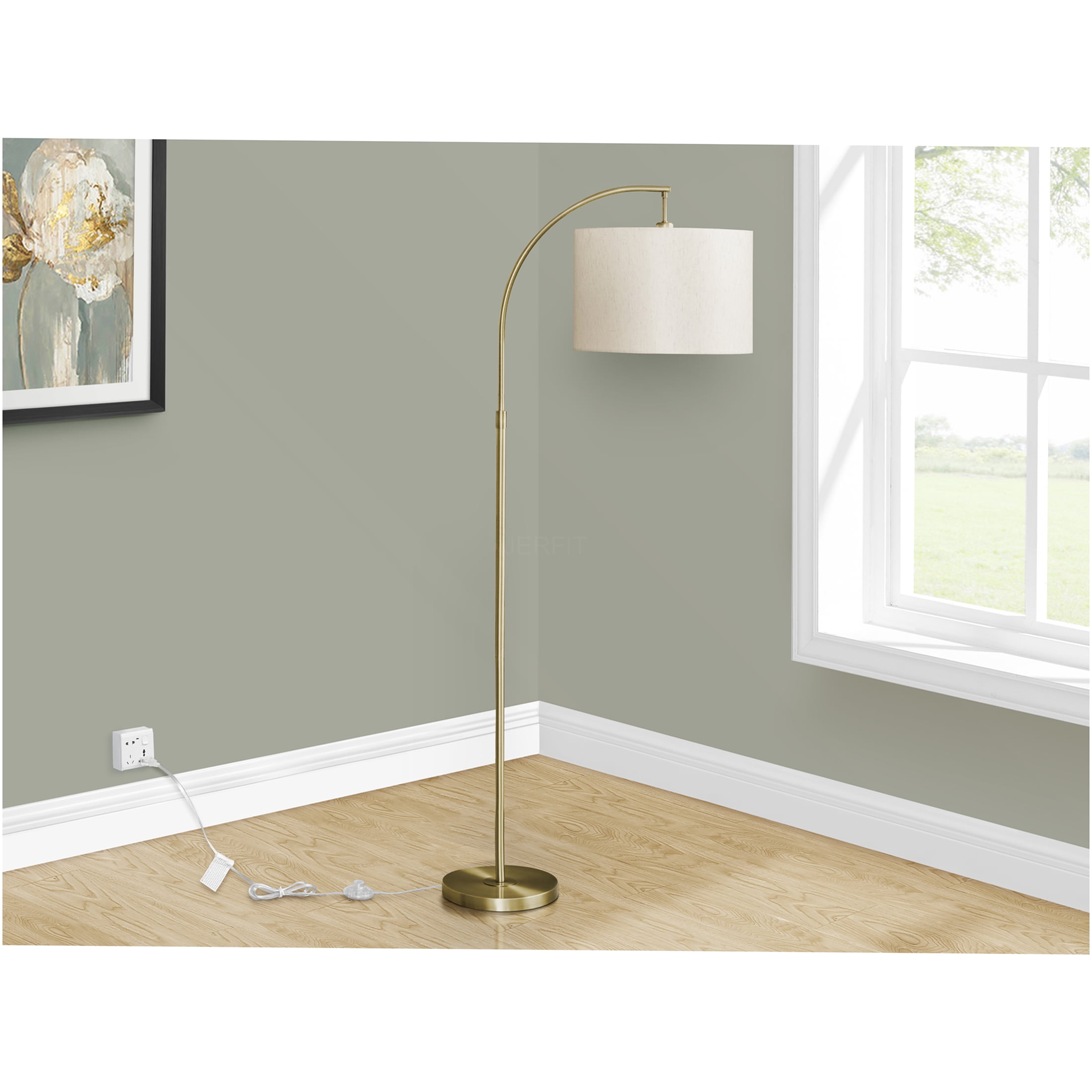 JERFIT Modern Arc Floor Lamp with Drum Shade, Gold Metal Floor Light for Living Room, Bedroom & Office, Adjustable Standing Lamp with On/Off Foot Switch