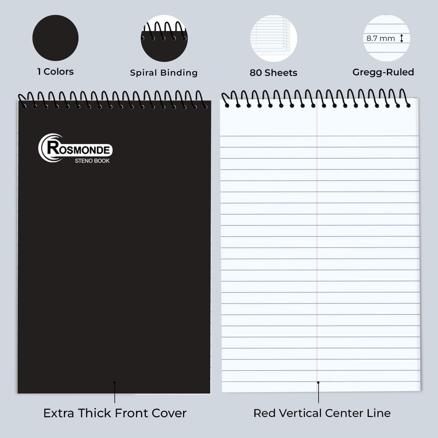 Rosmonde Spiral Steno Pads 12 Pack, 6 x 9 in, Gregg Ruled, 80 Sheets (160 Pages), Top Spiral Notebook, Black Cover, Bulk Steno Pads for Business, Office & Professional Use
