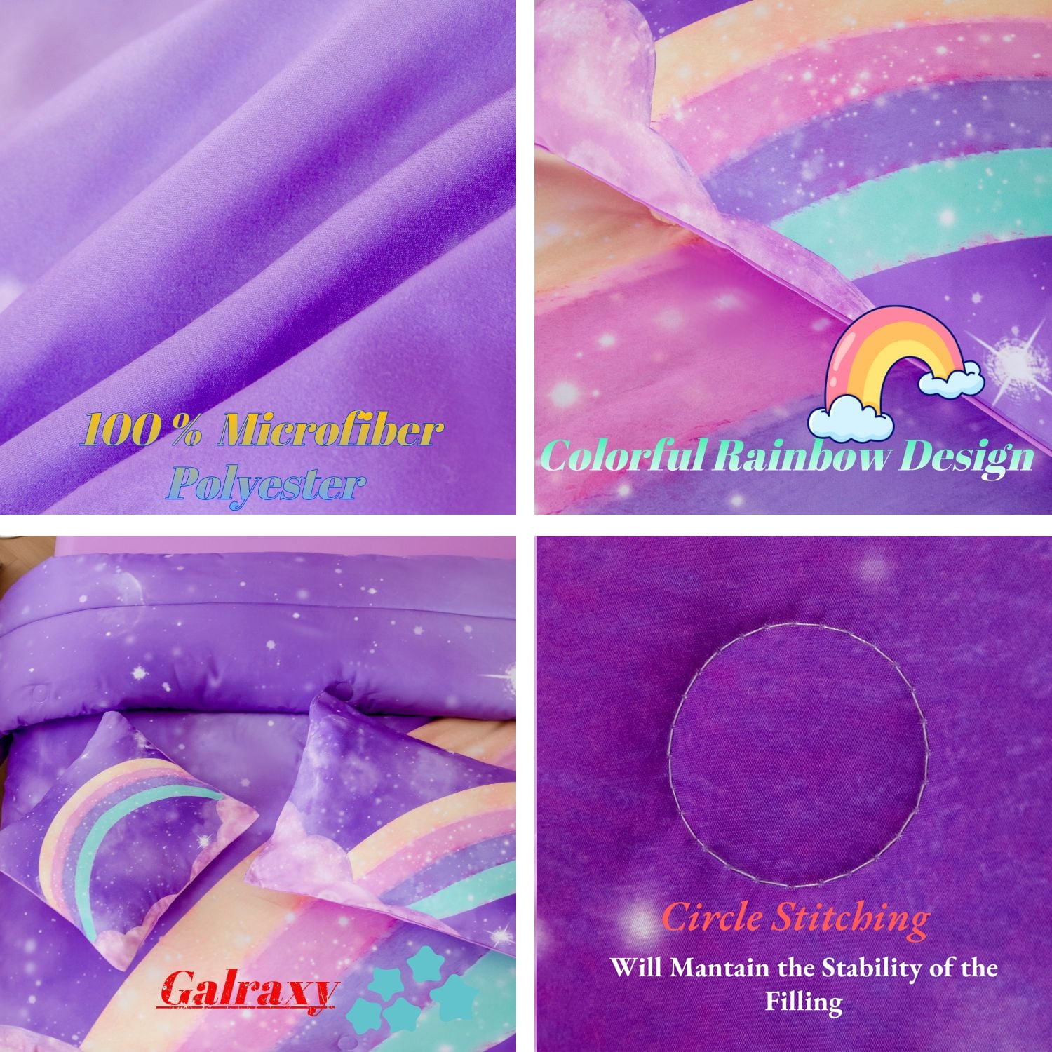 URBONUR 4 Pieces Girls Comforter Set Twin, Purple Rainbow Kids Bedding Set for Girls, Glitter Galaxy Bed Comforter Set with Pillowcases