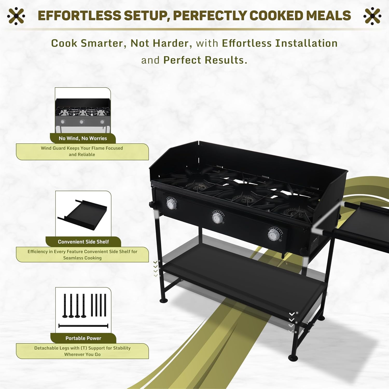 SONRET - Three Burner Propane Camping Stove - with Side & Bottom Shelf and Wind Panel