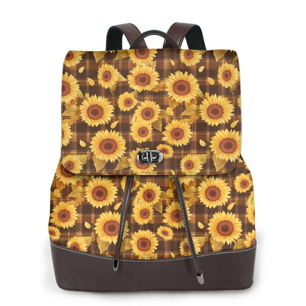 Balery Vintage Brown Plaid Sunflower Mochila de Cuero para Mujeres, Gran Capacidad, Bolsa de Viaje Multifuncional, Mochila de Cuero y Bolsa de Hombro para Mujeres