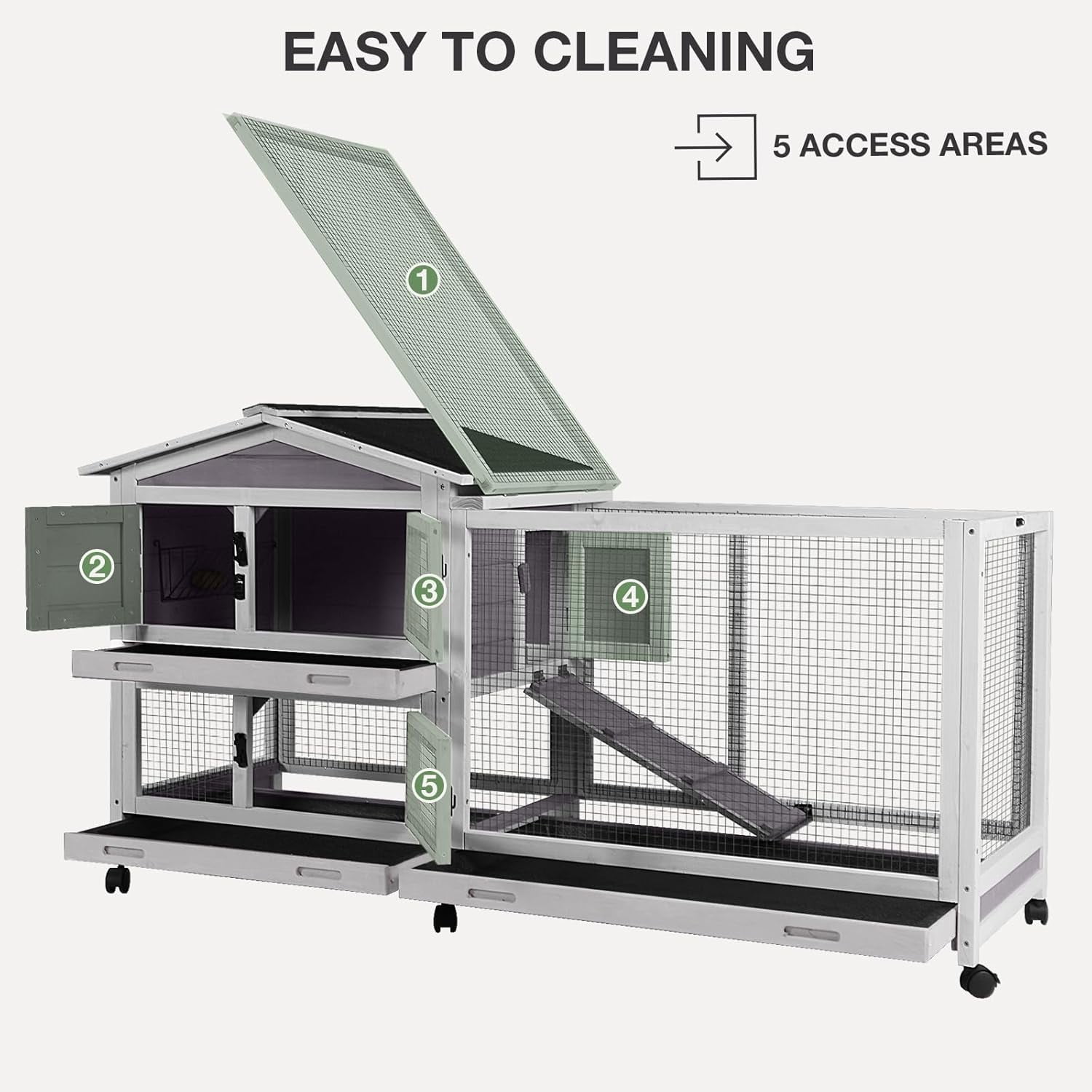 Aivituvin 2-Story Indoor Rabbit Hutch with Chew-Proof Outdoor Rabbit Cage with 6 Locking Casters Bunny Cage 2 Pull-Out Trays Guinea Pigs Cage 62" Gray