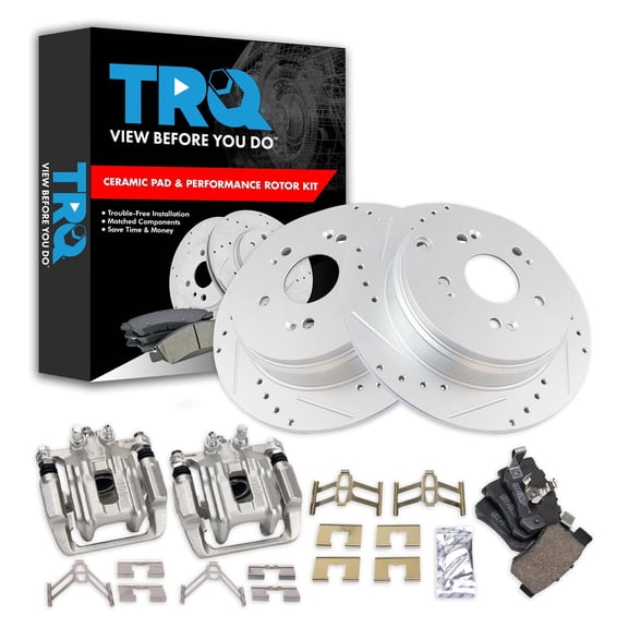 TRQ Rear Performance Brake Pad & Rotor Kit Brake Caliper Brake Pads Brake Rotors Set Ceramic Solid Premium G-Coated Fits Select 2010-2012 Acura RDX 2007-2011 Honda CR-V