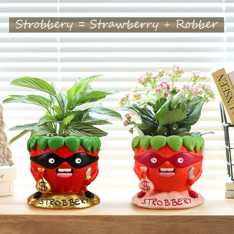 Gugugo Cute Plant Pots Strawberry Shape, Funny Unique Planters for Indoor Plants, Small Succulent Planter Pots with Drainage, Colorful Gardening Pots