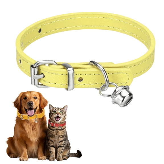 Dog Collar with Bell, Pu Leather Cat Collars Pet Basic Soft Padded Adjustable Buckle, 10" (Yellow, 1 Pcs)