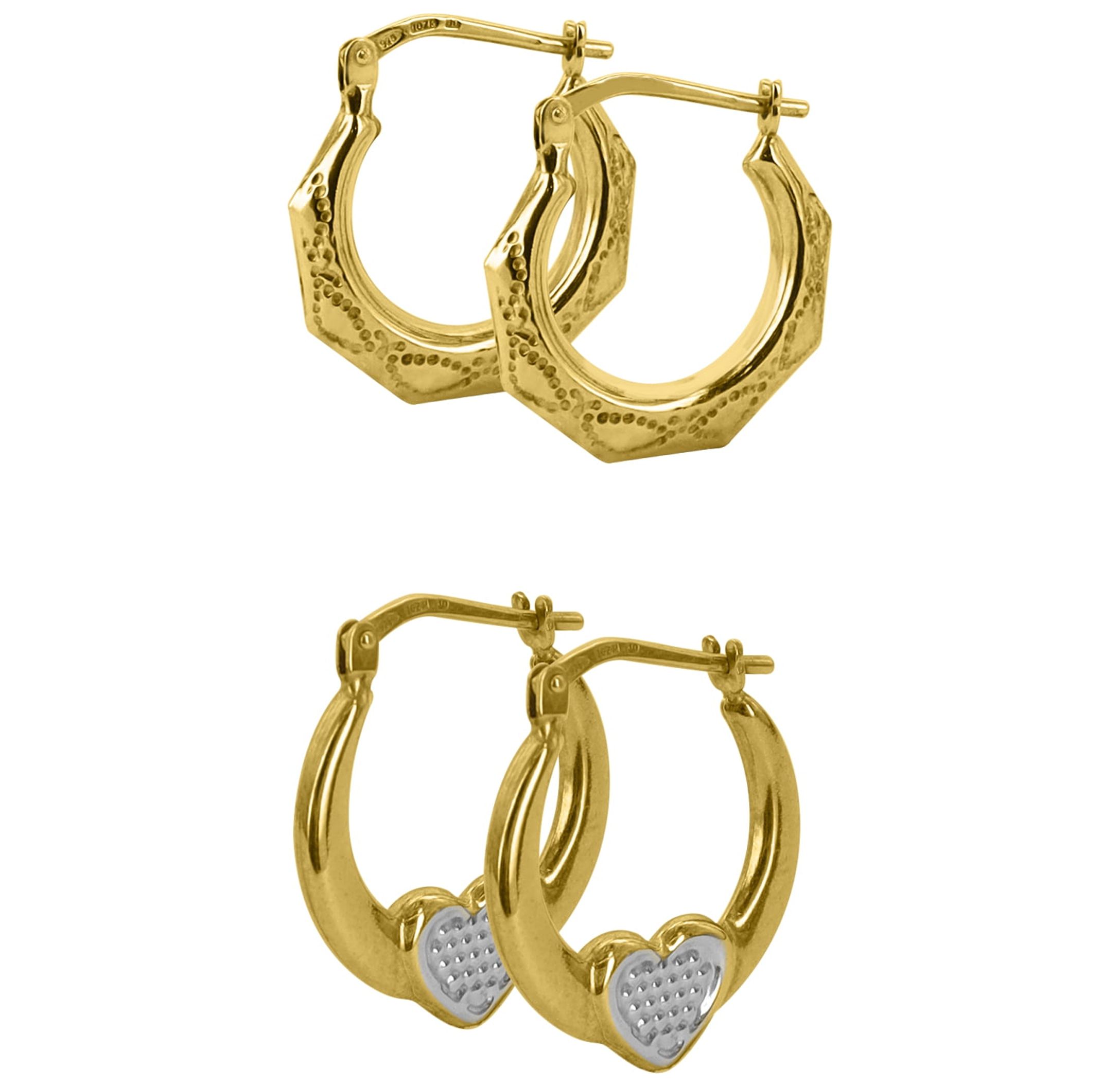 Brilliance Fine Jewelry 14K Gold Plated Sterling Silver Polygon and Heart Hoops Adults Earrings Set