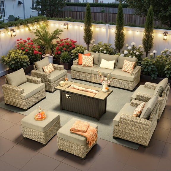 Ovios 10-Piece Outdoor Patio Furniture Set All-Weather Wicker Conversation Set with 54" Propane Fire Pit Table & Ottomans, Dark Gray