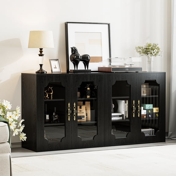 Paddie 2PCS Modular Buffet Storage Cabinet, Glass 4-Door Kitchen Sideboard Buffet Console w/Adjustable Shelves, Wood Modular Organizer for Kitchen Living Room, 63 Inch