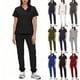 thumbnail image 1 of Conjunto de uniforme médico para mujer, cuello en V, manga corta, blusa, cintura elástica y pantalones deportivos, color sólido, conjunto de trabajo de enfermería de 2 piezas con bolsillos., 1 of 8