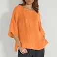 thumbnail image 2 of Women's Linen T-Shirt Casual 3/4 Sleeve Crew Neck Pleated Summer Blouse Loose Fit Tunic Basic Solid Color Top, 2 of 2