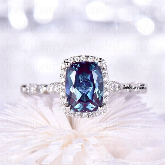 JewelryLoversZone Color-Changing Alexandrite Cushion Cut Ring Sterling Silver Wedding Ring Vintage Handmade Jewelry Gift for Her Silver 3