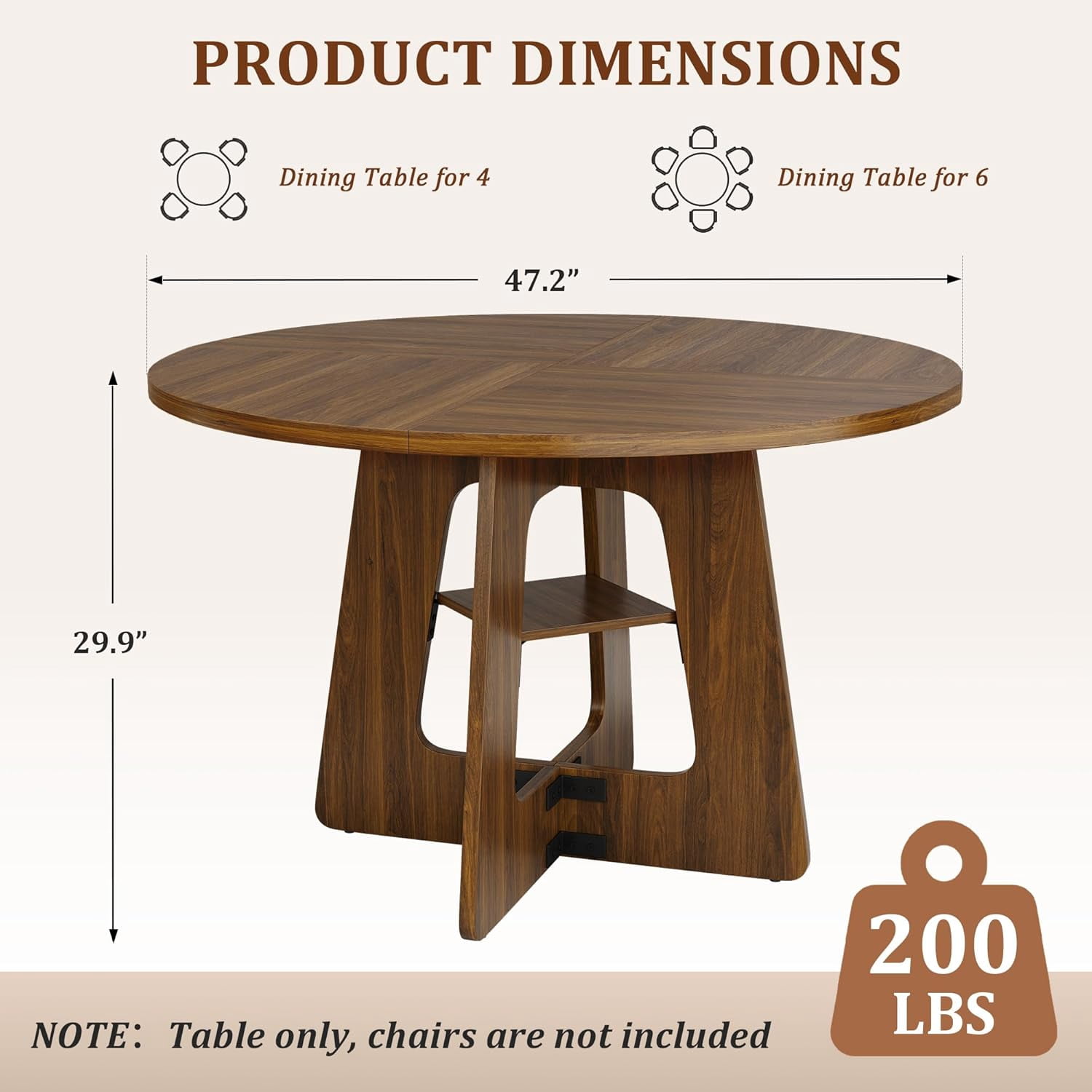 47" Round Dining Table for 4 to 6 Person, Farmhouse Kitchen Table with Under-Table Storage Shelf, Solid Wood Construction for Dining Room, Living Room, Brown
