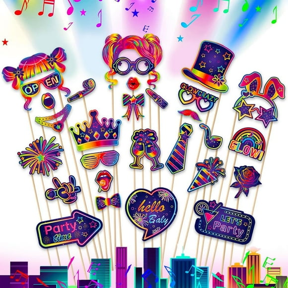 30 pcs Glow Neon Photo Booth Props with Stick, Photo Props for Birthday Let's Glow Themed Neon Glow in The Dark Disco Black Light Party Decoration Supplies