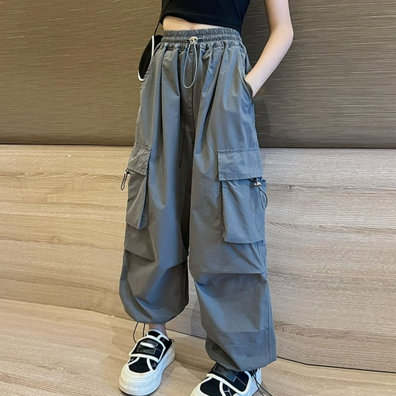 NAISIBABY Girls Cargo Pants, Elastic Waist Baggy Fit Solid Color Fashion Dance Casual Pants Gray 7-8T