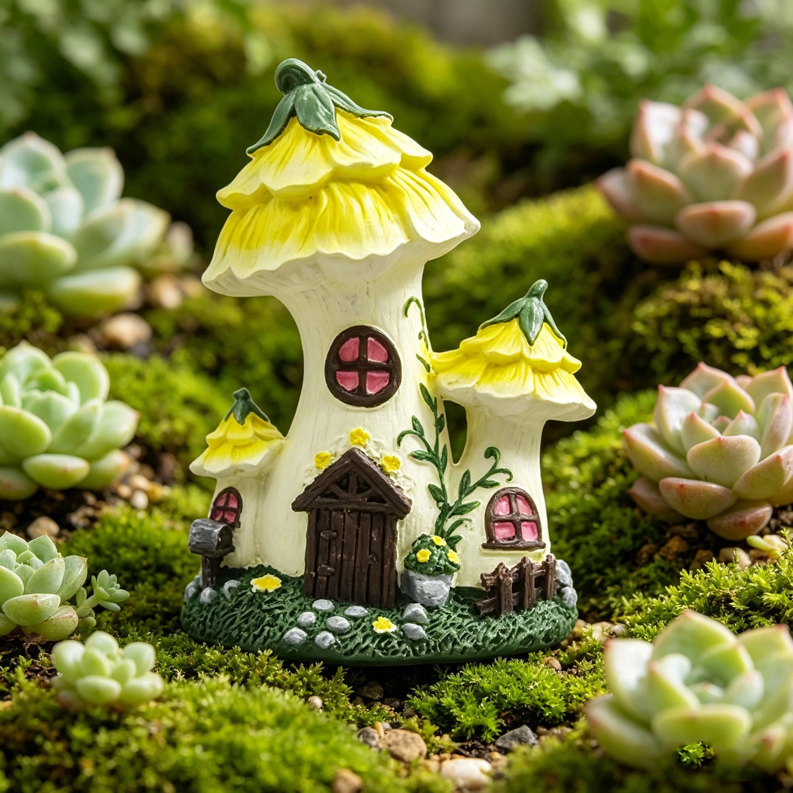 AHGQT Mushroom House Fairy Garden Statue Indoor & Outdoor, Solar Light Garden Figurines for Lawn, Balcony, Yard Decoration, Hand-Painted Resin Garden Decorations for Indoor & Outdoor