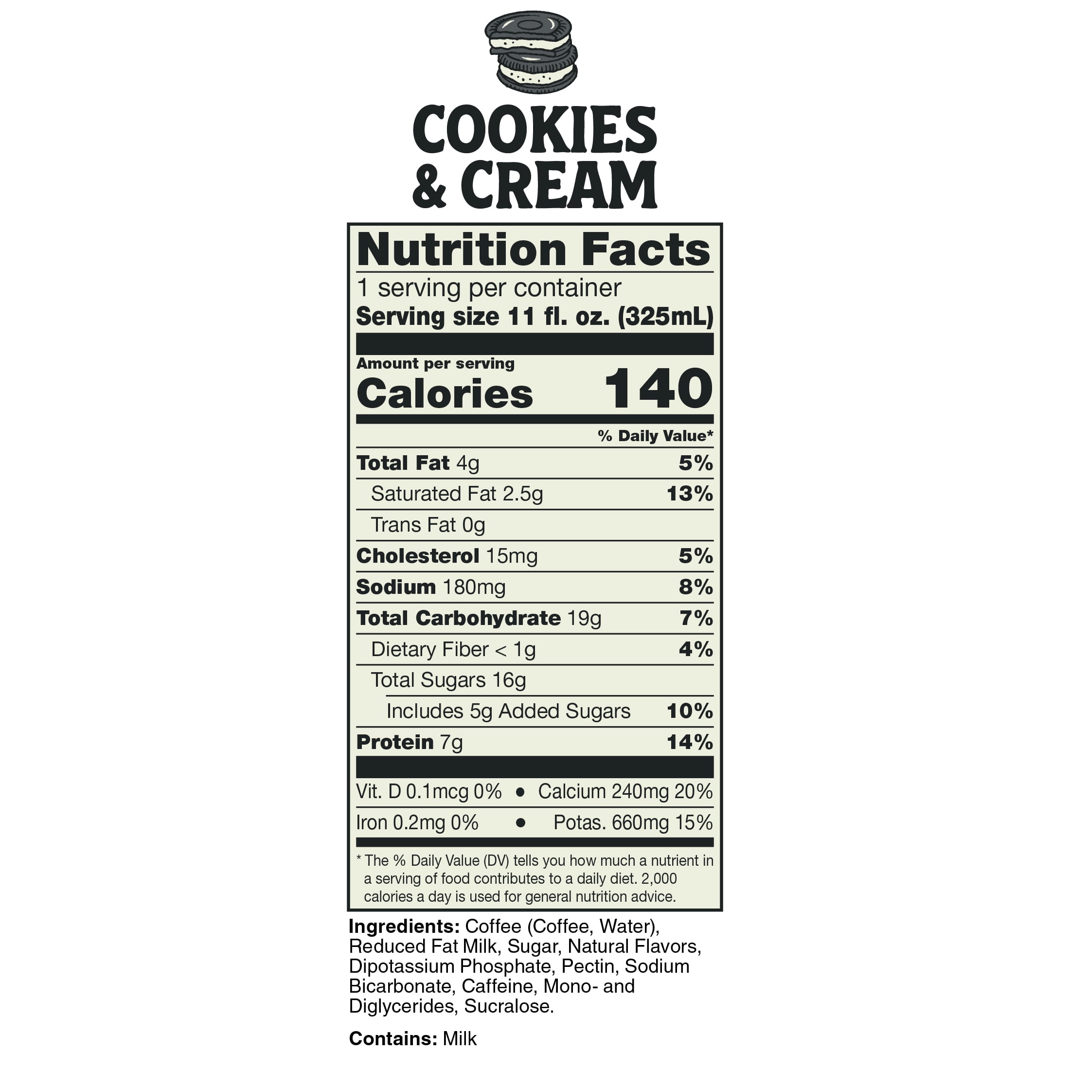(4 pack) Bones Coffee Company Cookies & Cream Flavored Iced Coffee Latte, Ready To Drink Canned Coffee, 11 fl. oz. Can