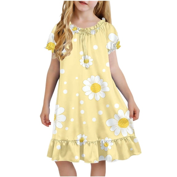 HAOTAGS Girls Floral Dress, Summer Comfort Puff Short Sleeve Soft Flowy Casual Sleepwear Home Dress Multicolor Size 12