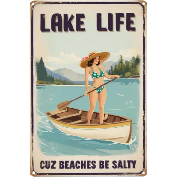 Vintage Lake House Metal Tin Sign, Lake Life Wall Decor, 8 x 12 Inch