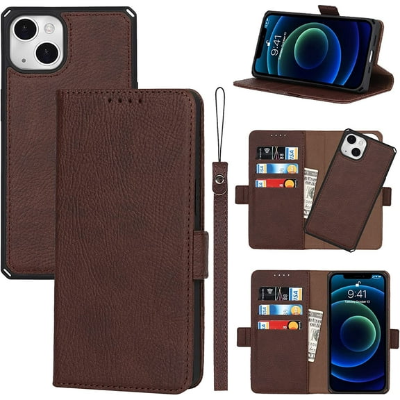 2-in-1 Magnetic Detachable Wallet Case for iPhone 13 Mini, Card Slots Holder Genuine Leather Kickstand Shockproof Wrist Lanyard Strap Removable Cover 5G 5.4",Brown