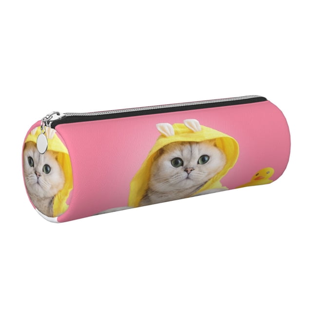 Easygdp A Funny Cat para Estuche de Lápices Cilíndrico de Cuero con Cremallera, Organizador de Lápices de Cuero para Escuela, Oficina y Viajes