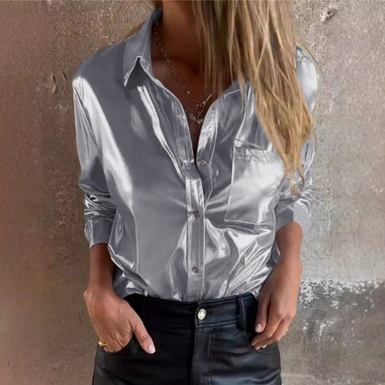 womens silver dress shirts Fznquz Plain Women Tops Silver Loose Fitting Long Sleeve Shirt Button Down Dressy Collar Women Blouse