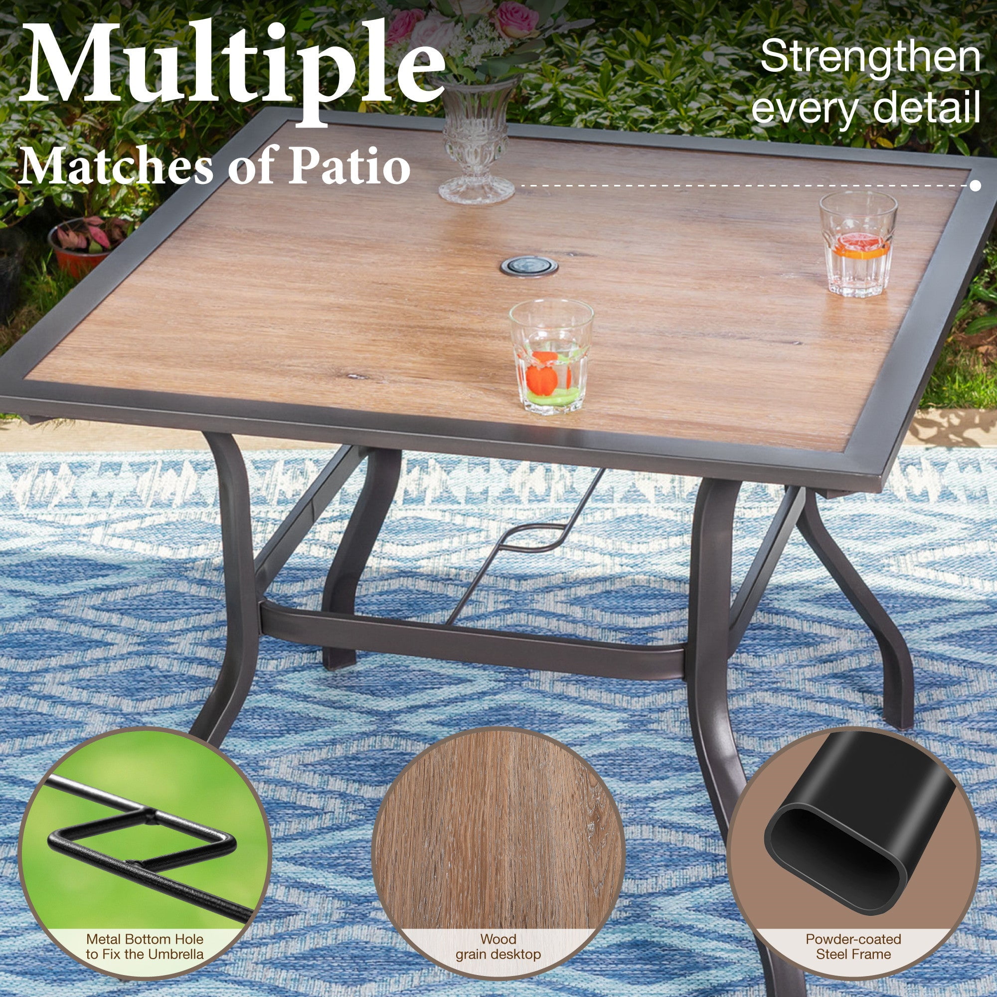 SUMMIT LIVING 5-Piece Patio Dining Set, 4 Wicker Cushioned Chairs & 37" Wood-Like Square Table, Navy Blue