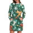 thumbnail image 2 of Women's Long Sleeve Hooded Sweatshirt Dress with Snowflake Christmas Tree Print, Ugly Christmas Sweater Women Style, Cozy Fall and Winter Dress with Pockets for Holiday,Dark Green,L, 2 of 7