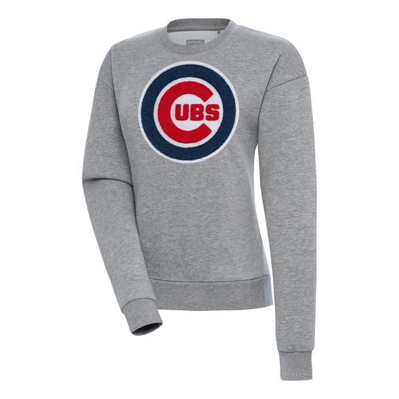 Women's Antigua  Heather Gray Chicago Cubs Victory Chenille Pullover Sweatshirt