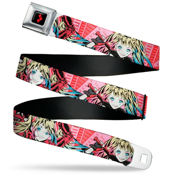DC Comics Belt, Seatbelt Buckle Belt, Harley Quinn Puddin Poses Anime Graphics Pink Red,, 30 to 44 Inches