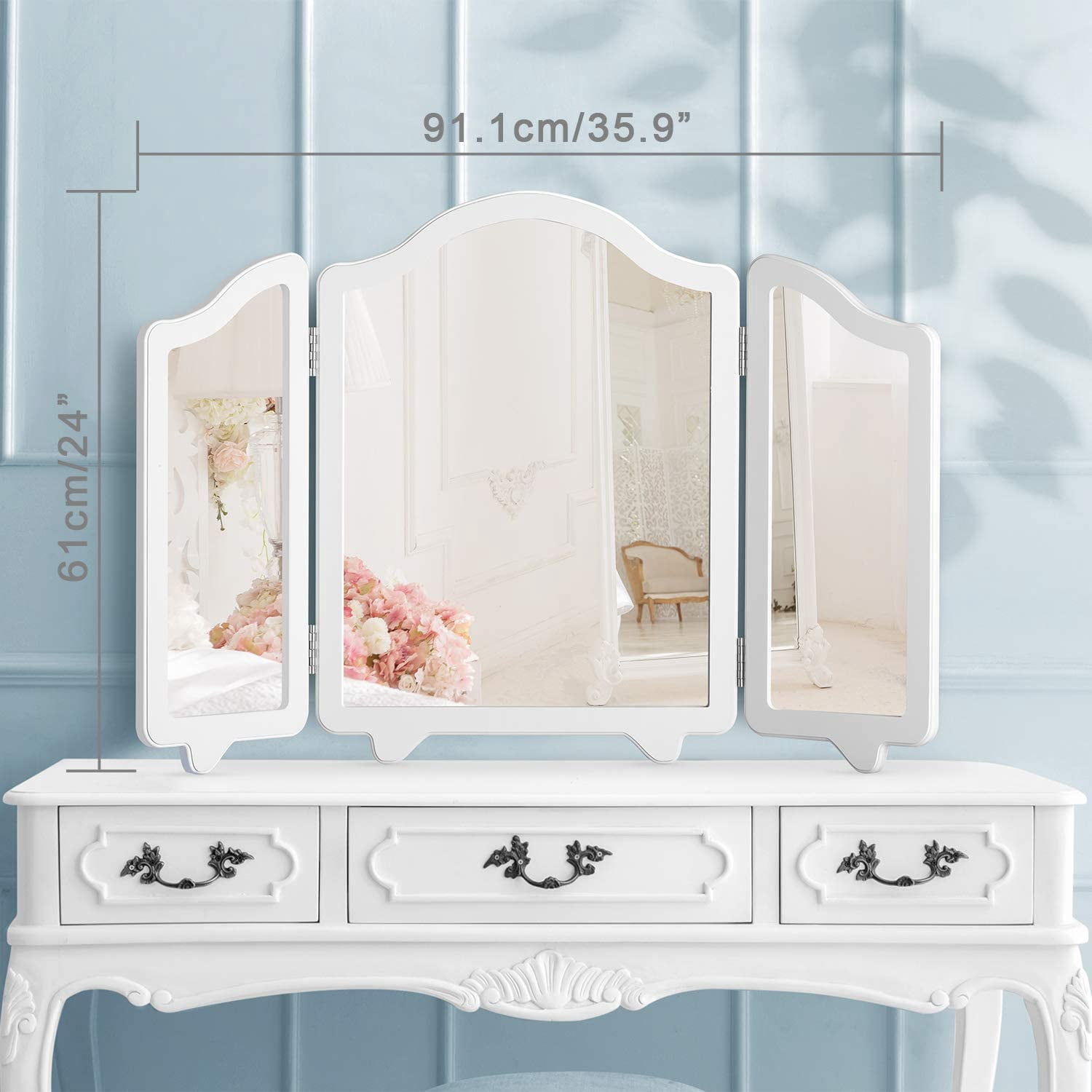 Luxfurni Hollywood Large Vanity Trifold Makeup, 3 Side Folding Tabletop Mirror, White