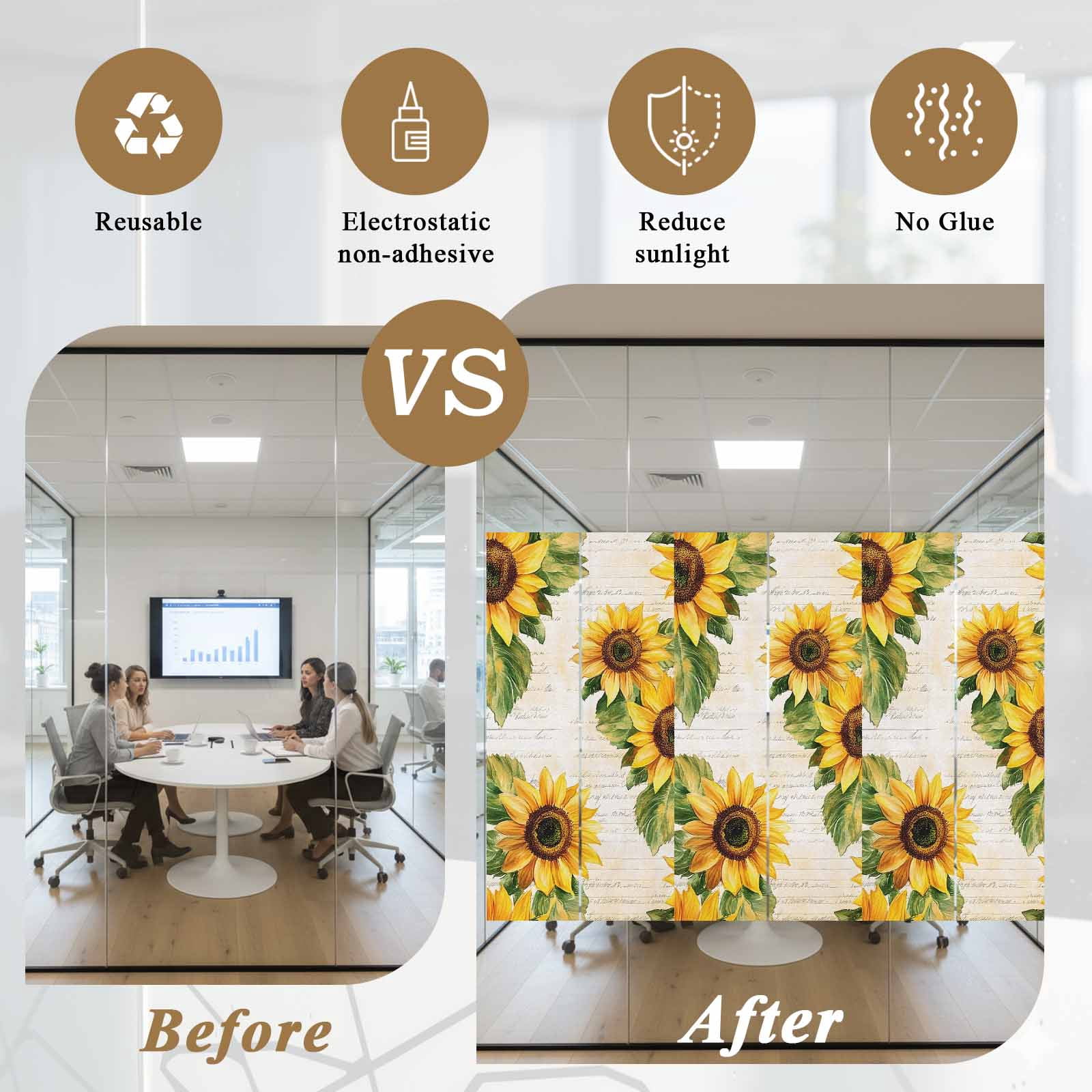 Sun Blocking Glass Window Film, Sunflower Window Privacy Film Frosted, Summer Botanical Vintage Floral Spring Reusable Windows Privacy Sticker for Home Decor, Nursery, 23.6 x 78.7 Inches