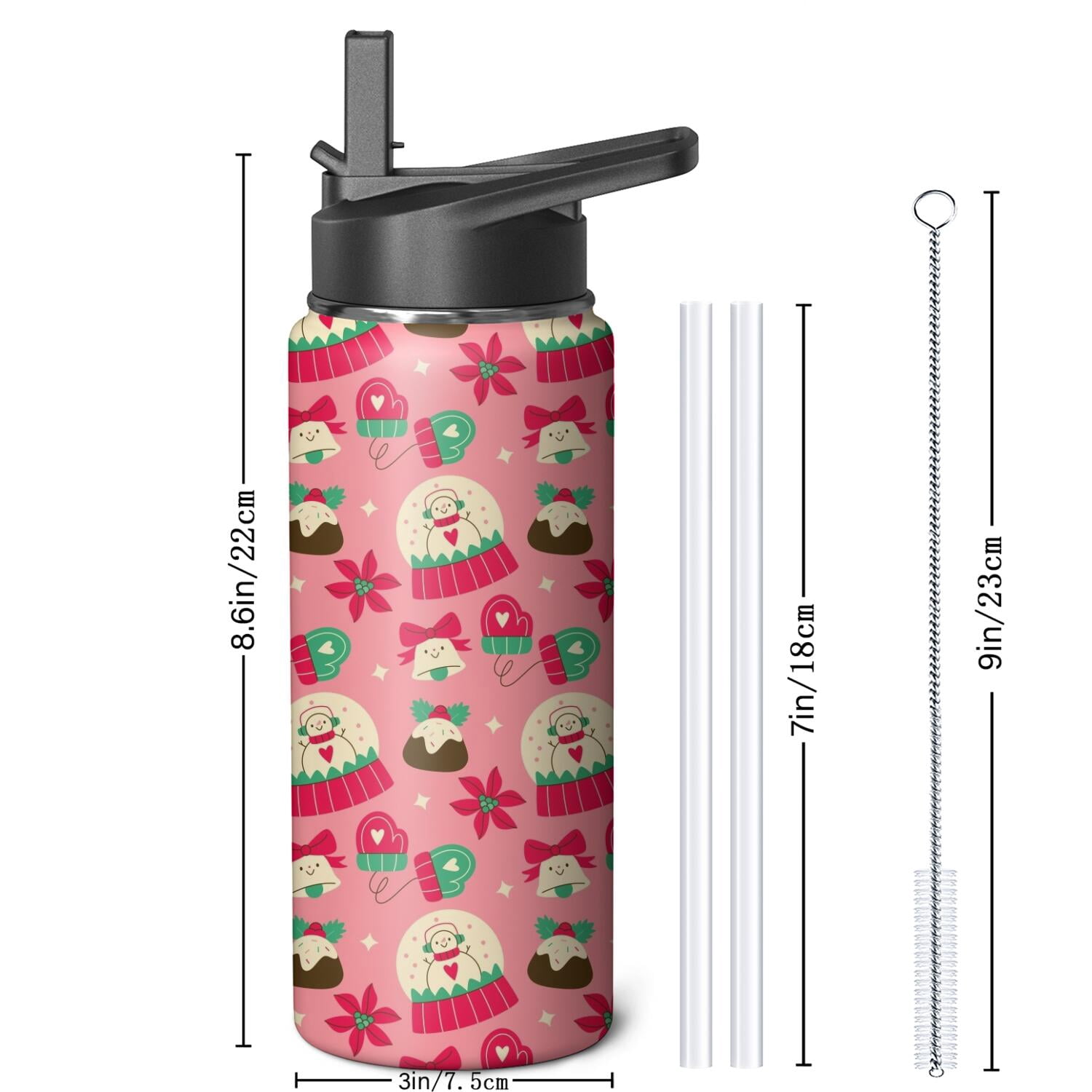 Christmas 18 oz Insulated Stainless Steel Water Bottle with Straw & Cleaning Brush , Leakproof, BPA-Free, 304 Stainless Steel, Wide Mouth, Travel Mug for Car, Gym, Office