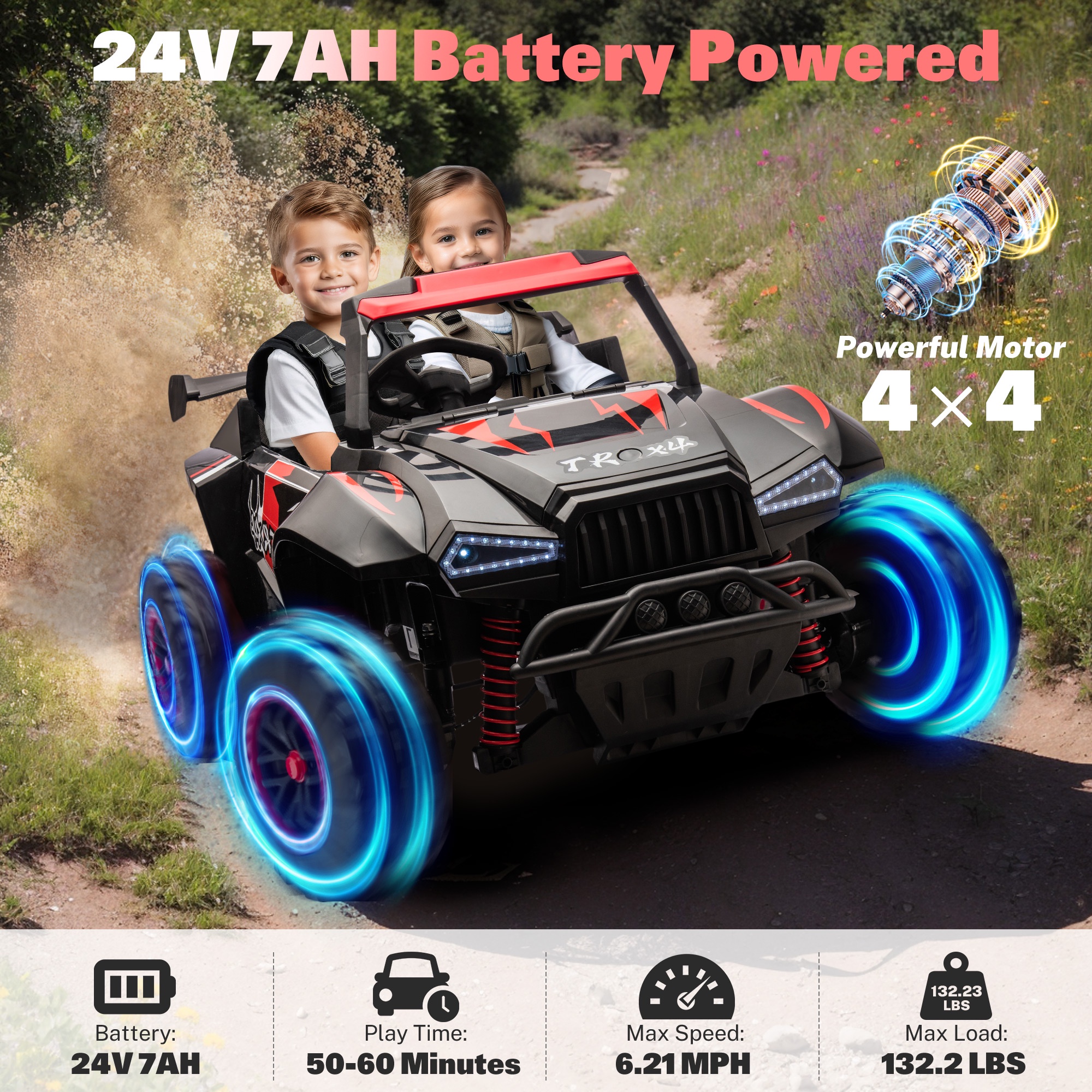 24V 2 Seater Ride on Toy Cars, Kids Ride on UTV Cars with Remote Control, Battery Powered Electric Car for Kids Boys Girls 3-8 w/Bluetooth, USB, Dual Flash Light, 4 Wheelers Drive, Black